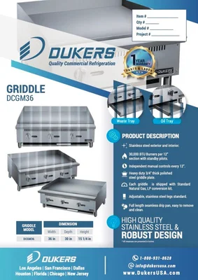 New | in-Stock Dukers New Dukers DCGM36 36 in. W Flat Top Griddle with 3 Burners Commercial Flat Top Griddles Illinois US | Falcon Restaurant Supply #1376249