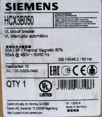 NEW SIEMENS HCX3B050 CIRCUIT BREAKER 50A 3POLE 3VL1105-2KM30-0AA0