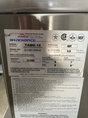 182-0006 Radiance TAMG-14 Natural Gas Flat Griddle