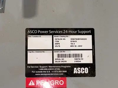 Used ASCO D03ATSA30104NGXC Switchgears Ohio US | HGR 24 #1280235