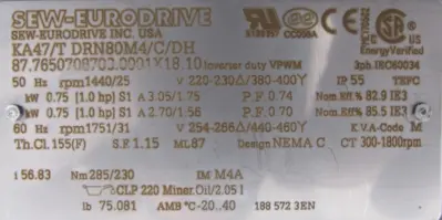 NEW SEW EURODRIVE KA47/T DRN80M4/C/DH GEARMOTOR 56.83:1 KA47TDRN80M4CDH