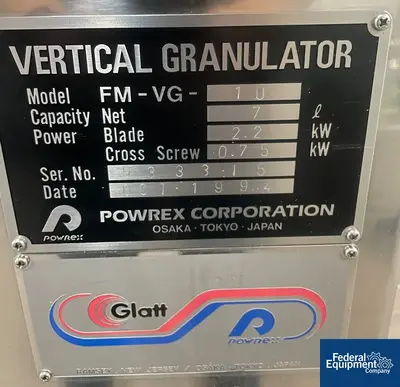 USED Glatt 10 Liter Glatt FM-VG Vertical High Shear Granulator