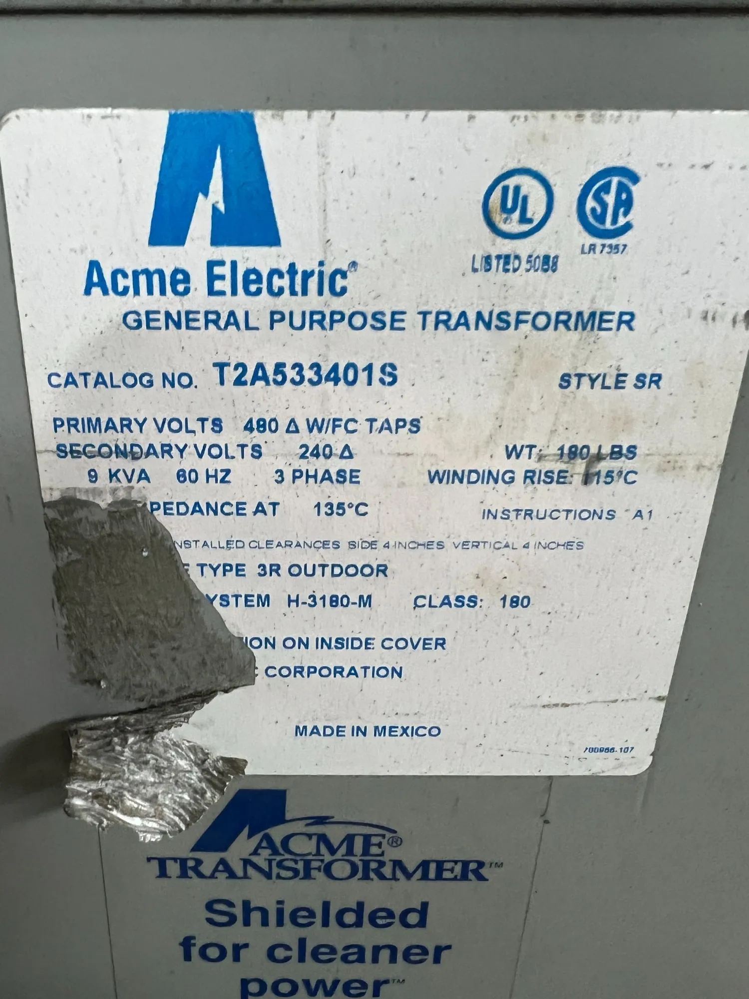 USED ACME ELECTRIC TRANSFORMER T2A533401S
