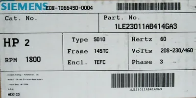 NEW SIEMENS 1LE23011AB414GA3 MOTOR TYPE SD10 2HP 1800RPM 208-230-460V 3PH