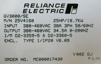 NEW RELIANCE ELECTRIC 25V4160 DRIVE 25HP GV3000/SE