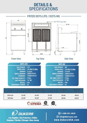 New | in-Stock Dukers New Dukers DCF5-NG Natural Gas Floor Fryer with 5 Tube Burners 70lbs 150,000 BTU on Legs Cookers / Coolers / Fryers Illinois US | Falcon Restaurant Supply #1376307