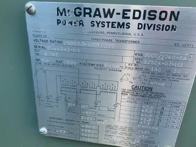 2000/2240 kVA Transformer, Pri. 25000 Volts, Sec. 480Y/277 Volts