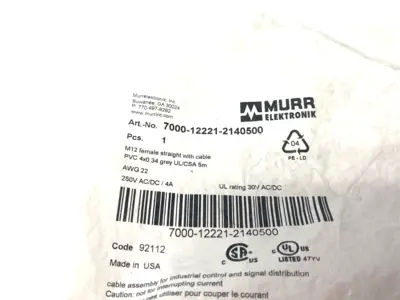 New | in-Stock Murr Elektronik Single Ended M12 female 0° A-cod. Cordset Cable & Wire Michigan US | Maverick Industrial Sales #1392075