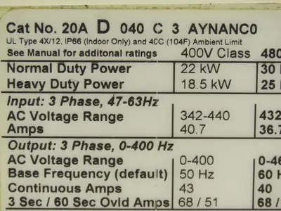 Allen Bradley 20AD040C3AYNANC0 PowerFlex 70 AC Drive 30Hp 480VAC 3Ph 40A Ser A