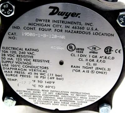NEW DWYER 1950G-1-B-120-NA DIFFERENTIAL PRESSURE SWITCH 1950G1B120NA