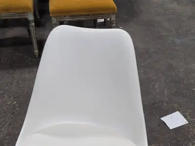 Mid-Century Modern Dining Chair with White Plastic Shell Seat , White Faux Leather Cushion and Beech Wood Legs