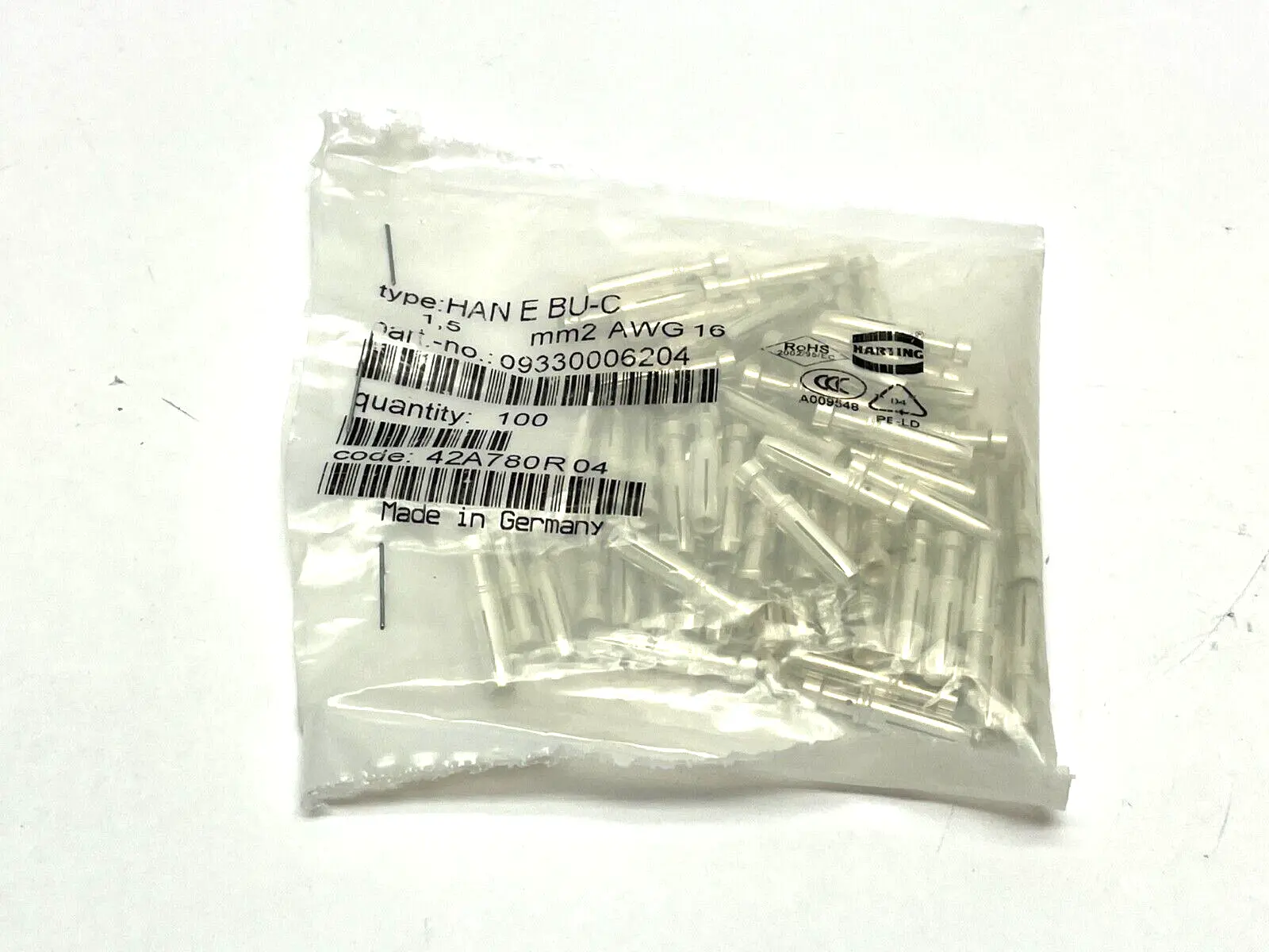 Harting Han E BU-C Crimp Contact Ag 1.5 mm²/ 16 AWG 09 33 000 6204 LOT OF 64