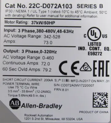 USED ALLEN BRADLEY 22C-D072A103 POWERFLEX 400 DRIVE 50HP SER.B 22CD072A103