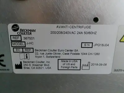 Beckman Coulter Avanti J-HC High-Capacity Refrigerated Floor Centrifuge w/Rotor