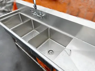 Triple pot sink with drainboard and faucet