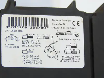 Siemens 3RT1044-3BB40 3P 65A Power Contactor W/3RH1921-2FA22 Coil 24V