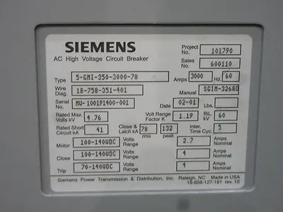 Used Siemens 05-GMI-350-3000-78 Circuit Breakers Ohio US | Equipment Recovery Corp. #1329701