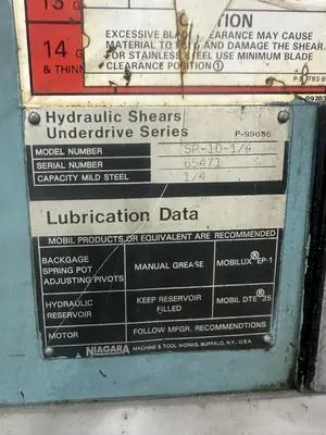 10' X 1/4" NIAGARA MODEL #SP-10-1/4 HYDRAULIC SHEAR: YOBRO #23863