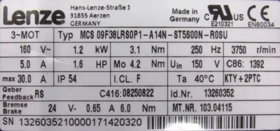 USED LENZE MCS 09F38LRS0P1-A14N-ST5S00N-R0SU SERVO MOTOR
