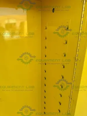 USED JUSTRITE 45 GALLON FLAMMABLE LIQUID STORAGE CABINET W/ SOFT CLOSE DOORS, KEY