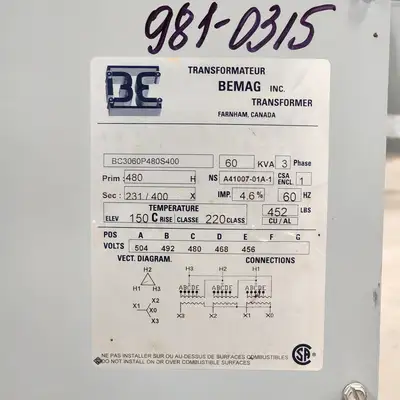 60 KVA 480H to 231/400X 3 Phase Isolation Multi-tap Transformer