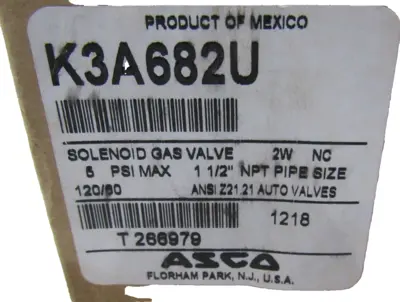 NEW ASCO K3A682U SOLENOID GAS VALVE 120/60