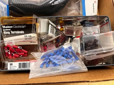 Box of Vintage and Modern Electronic Parts and Components Assortment