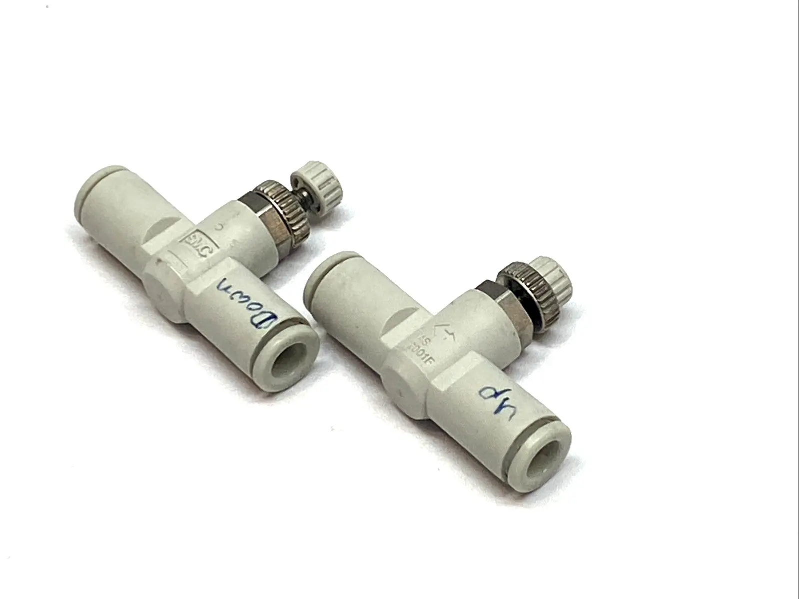 USED SMC INLINE PNEUMATIC SPEED CONTROLLER ONE‑TOUCH FLOW VALVE LOT OF 2