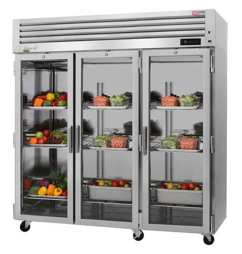 Turbo Air PRO-77R-G-N 77 3/4" Three Section Reach In Refrigerator, (3) Left/Right Hinge Glass Doors, 115v