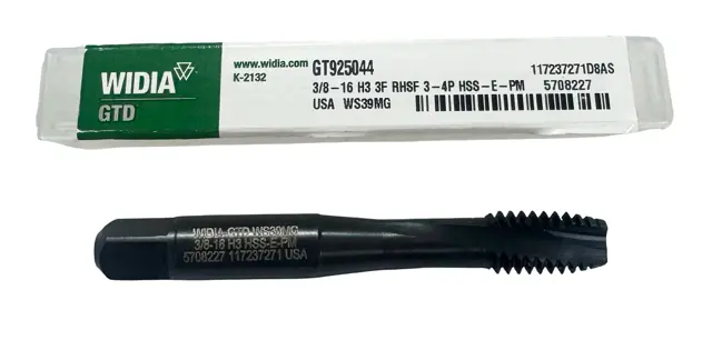 Widia 3/8"-16 HSS-E-PM Spiral Flute Tap 3 Flute H3 USA Made