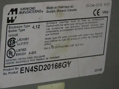 Hammond EN4SD20166GY Electrical Enclosure Box 20x16x6" Wall Mount