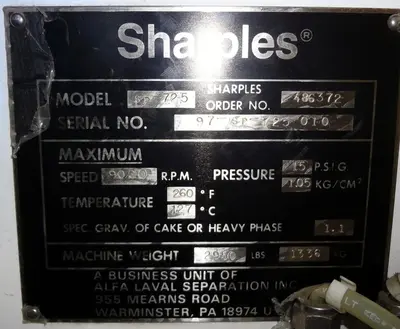 Sharples SP-725 Super helix clarifier centrifuge, 316/317SS.