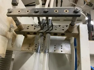 KOCH SBD-B DOUBLE-END FEED-THROUGH TRIM, BORE, GLUE, & DOWEL MACHINE