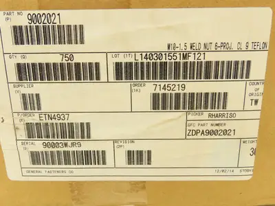 Weld Nuts Teflon Coated Thread M10-1.5 CL 9 Hex Box of 750