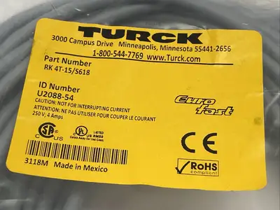 RK 4T-15/S618, U2088-54 | Turck RK 4T-15/S618 Actuator Sensor Cordset Female M12 4-Pin U2088-54 - New