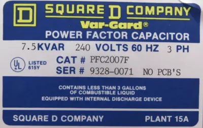 NEW SQUARE D PFC2007F POWER FACTOR CORRECTION CAPACITOR 7.5 KVA 240V