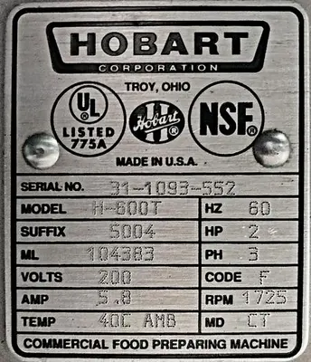 USED USED HOBART 60-QUART MIXER WITH BOWL GUARD, MODEL H-600T USED HOBART 60-QUART MIXER WITH BOWL GUARD, MODEL H-600T