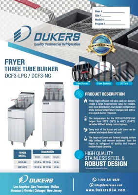 New | in-Stock Dukers New Dukers DCF3-LPG Liquid Propane Gas Floor Fryer with 3 Tube Burners 40lbs 90,000 BTU on Casters Cookers / Coolers / Fryers Illinois US | Falcon Restaurant Supply #1376327