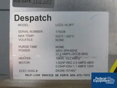 USED Despatch Despatch Depyrogenation Oven, Model LCC2-14-3PT, S/S