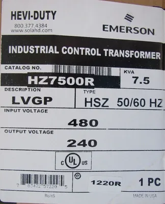 NEW EMERSON HZ7500R TRANSFORMER 7.5KVA LVGP 480V 240V