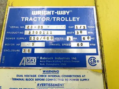 Acco Wright Way Tractor Trolley 230/460V 3 Ph 1-3Ton .5 Hp 60 FPM 3.25 Track