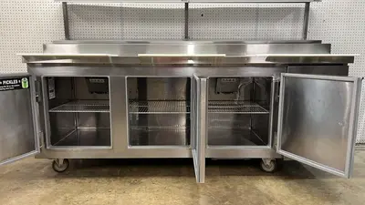 Used Kairak Used 91" Kairak KBP-91S 3 Door Refrigerated Stainless Steel Prep Table - 115V - JJ - 2 Food Prep Tables Illinois US | Falcon Restaurant Supply #1373526