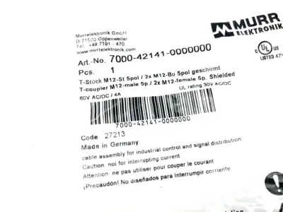 7000-42141-0000000 | Murrelektronik  T-Coupler M12 5-Pin, Male To x2 Female 5-Pin - New