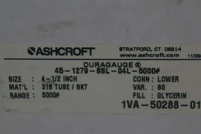 NEW ASHCROFT 45-1279-SSL-04L-5000# PRESSURE GAUGE 451279SSL04L5000