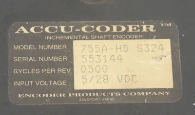 USED ACCU-CODER 755A-HD INCREMENTAL SHAFT ENCODER 0500CPR, 5/28VDC, 755AHD