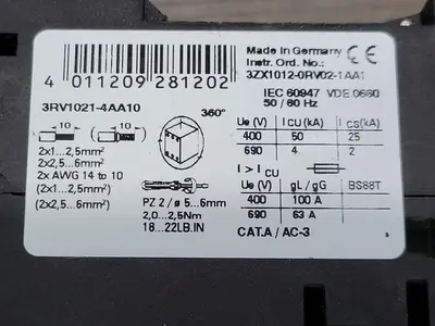 Used SIEMENS 3RV1021-4AA10 Switchgears British Columbia CA | Lenmark #242596