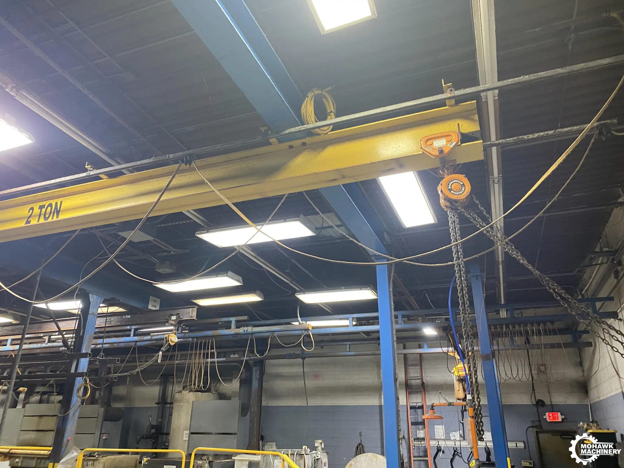 2 TON CRANEWERKS 80' CEILING MOUNTED SINGLE GIRDER UNDERHUNG CRANE SYSTEM & (2) 1 TON HARRINGTON POWER CHAIN HOISTS & (2) 1 TON HARRINGTON MANUAL HOISTS