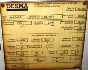 180 Ton/220cc Desma Injection Press, Item# 1321A