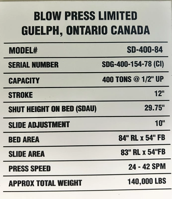 Used 1978 BLOW PRESSES BLOW SD-400-84-54 PRESS Straight Side Presses | Alma Machinery #898829
