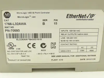 Allen Bradley 1766-L32AWA MicroLogix 1400 Controller Module 32Pt Series B FW 15